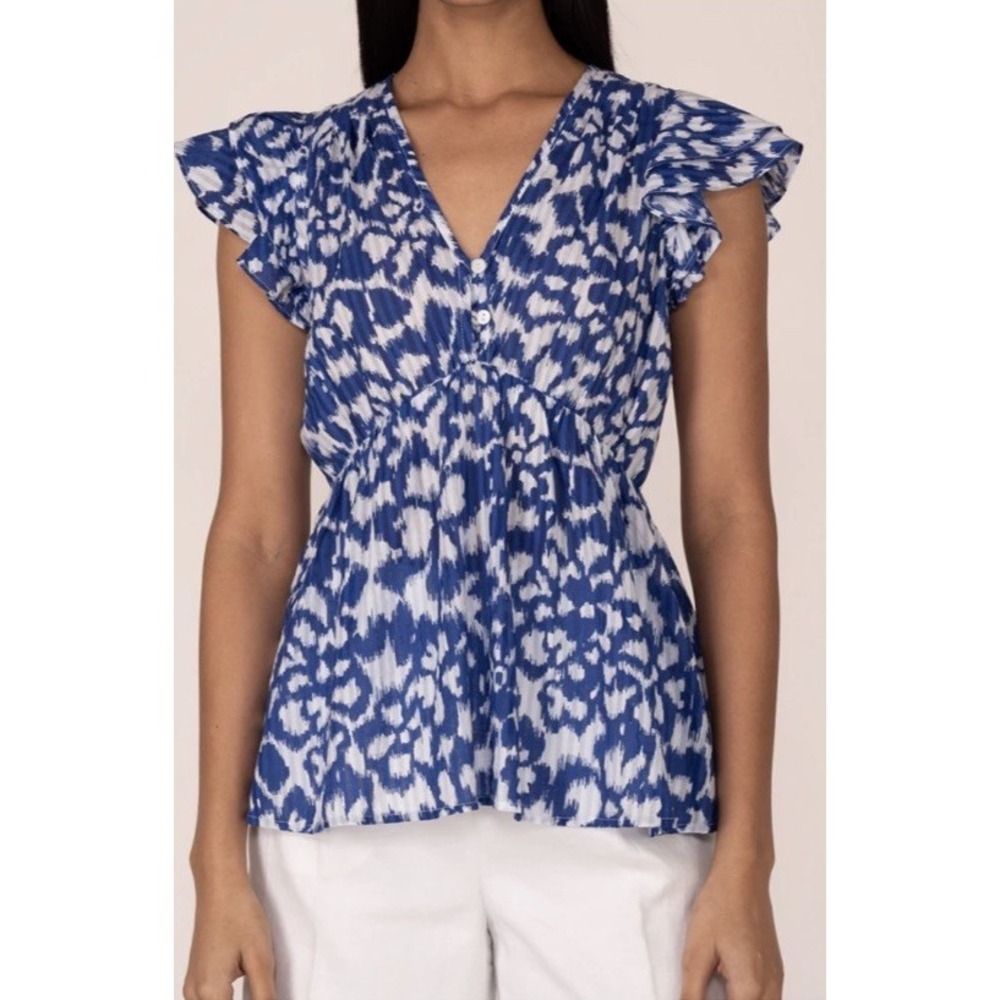 Banjanan Women Size Large Kira Ikat Floral Bluing Top Cotton Shadow Stripe
